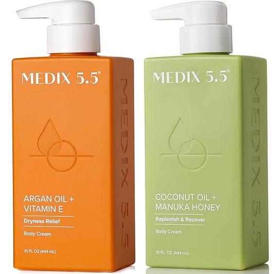 Medix 5.5 Argan Oil + Coconut Oil Skin Care Set Moisturizer Cream Body & Face Lotion | Firming Body Lotion Set Reduces Look Of Wrinkles, Cellulite, Dry Skin, & Uneven Skin Tone For Women, 2PC Bundle-FemmiqueWomen