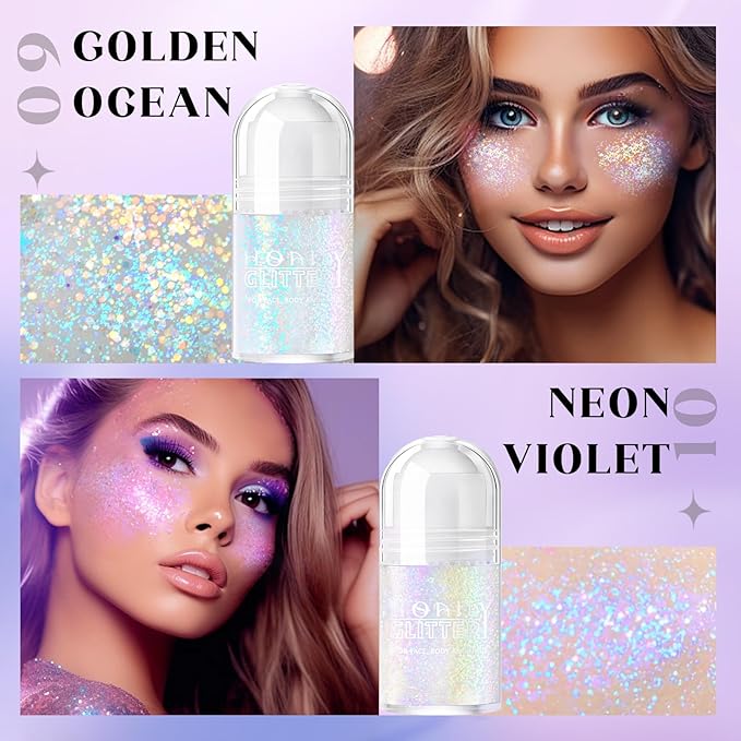 2 Colors Roll-on Body Glitter Gel, Holographic Glitter Gel Under Light for Face Hair, Body Shimmer for Rave Accessories Christmas New Year Halloween Makeup (9+10)-FemmiqueWomen