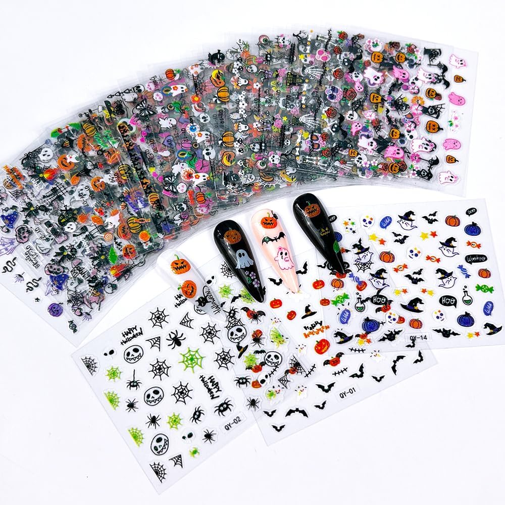 30 Sheet Halloween Nail Art Stickers Decals Cute Ghost Pumpkin Design Spider Web Scary Eyes Acrylic Nails Supplies for Women Manicure Decorations-FemmiqueWomen