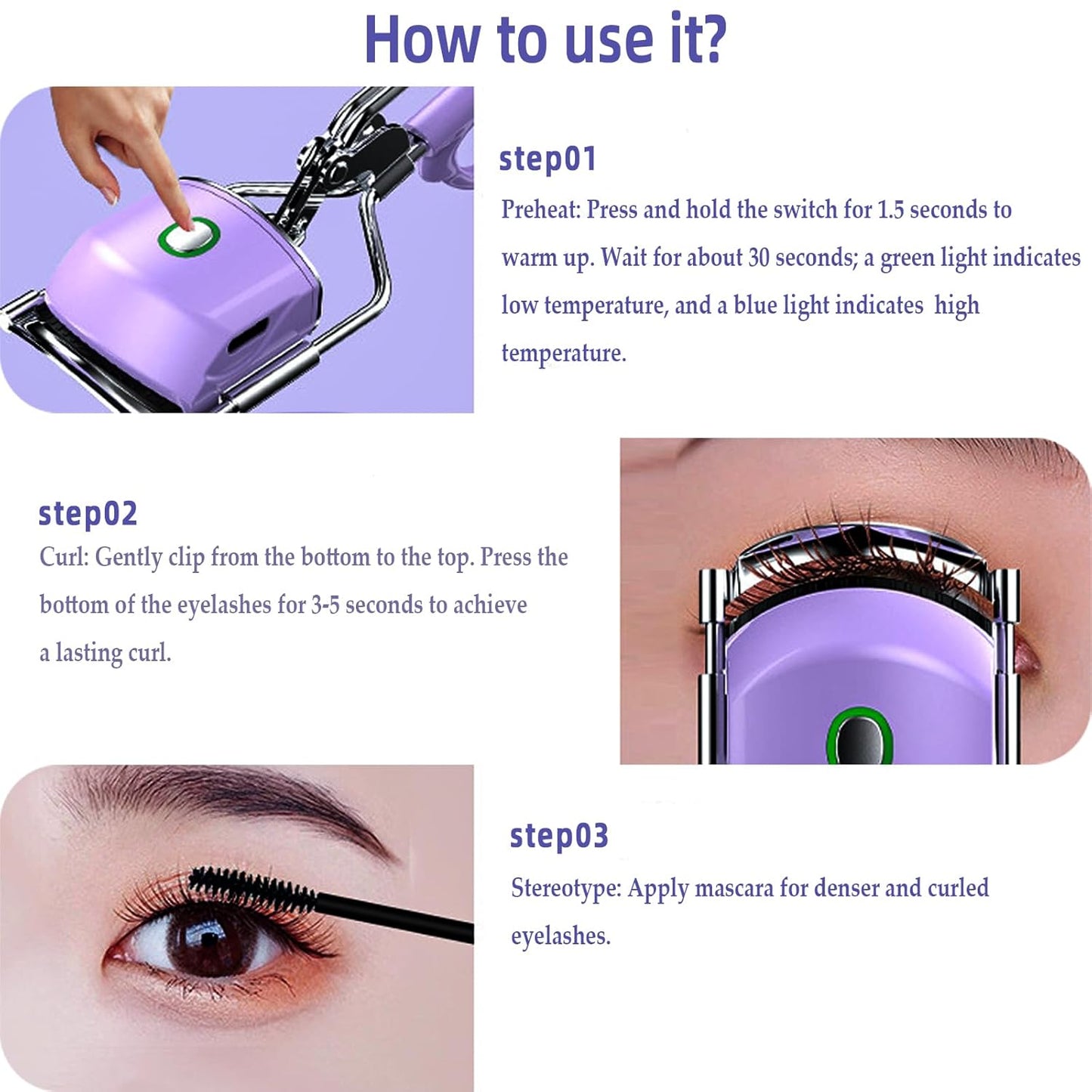Pinkiou Heated Eyelash Curler for Women USB Rechargeable Lash Curler Long Lasting Ironing Electric Eyelash Curler with Silcone Pad Replacable Great Makeup Tools for Her(Purple)-FemmiqueWomen
