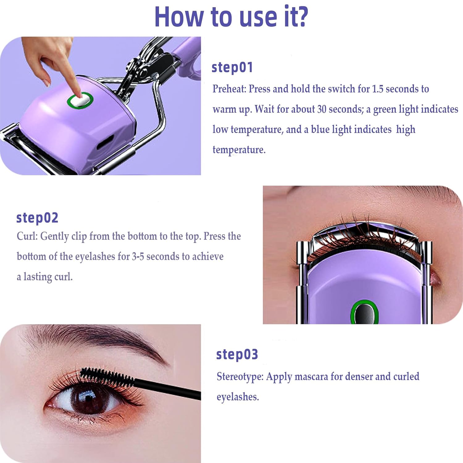 Pinkiou Heated Eyelash Curler for Women USB Rechargeable Lash Curler Long Lasting Ironing Electric Eyelash Curler with Silcone Pad Replacable Great Makeup Tools for Her(Purple)-FemmiqueWomen