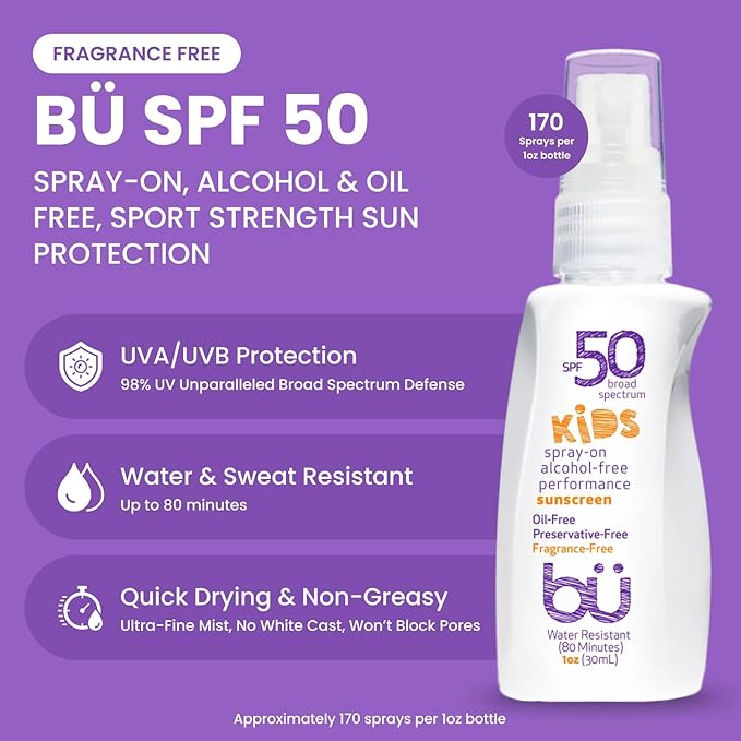 BU SPF 50 Fragrance Free Kids Sunscreen Spray for Face and Body, TSA Travel Size Sunscreen, Clear Non Aeorsol Spray, Non Greasy, Water Resistant and Oil Free, 1 oz (4-pack)-FemmiqueWomen