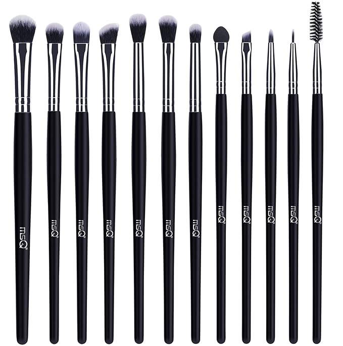 MSQ Eye Makeup Brushes 12pcs Eyeshadow Makeup Brushes Set with Soft Synthetic Hairs & Real Longer Wood Handle for Eyeshadow, Eyelash,Eyebrow, Eyeliner, Blending, Conclear(Black)-FemmiqueWomen