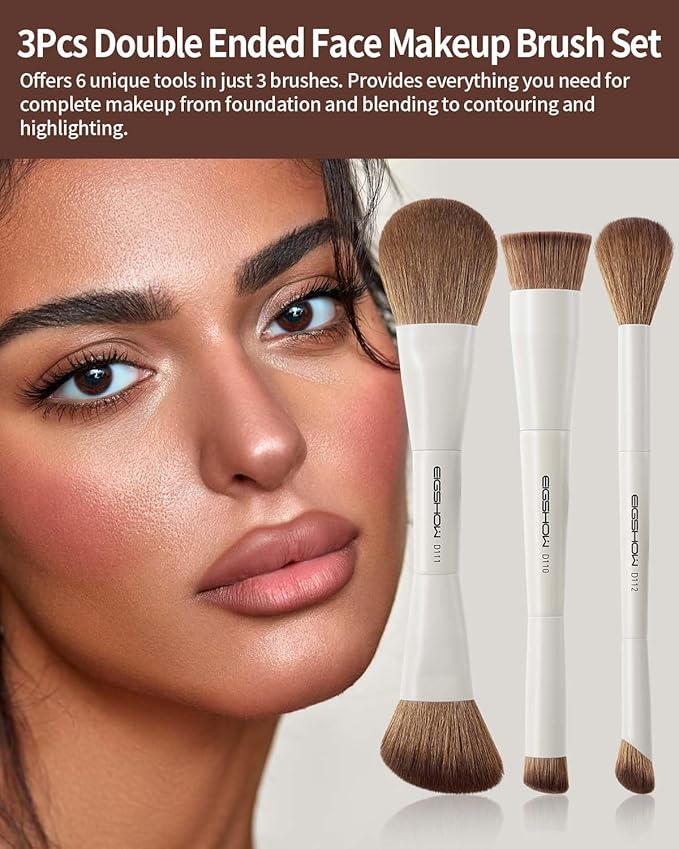 EIGSHOW Makeup Brush Set, 3Pcs Double Ended Face Makeup Brushes for Foundation Powder Contour Highlight Concealer Nose Shadow, Travel Gift Set (Beige)-FemmiqueWomen