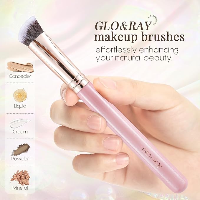 GLO&RAY Angled Concealer Brush with Cap – Flat Top Synthetic Makeup Brush for Under Eye, Spot Coverage, Travel Size Concealer Blending Tool for Liquid & Cream Application (Pink)-FemmiqueWomen