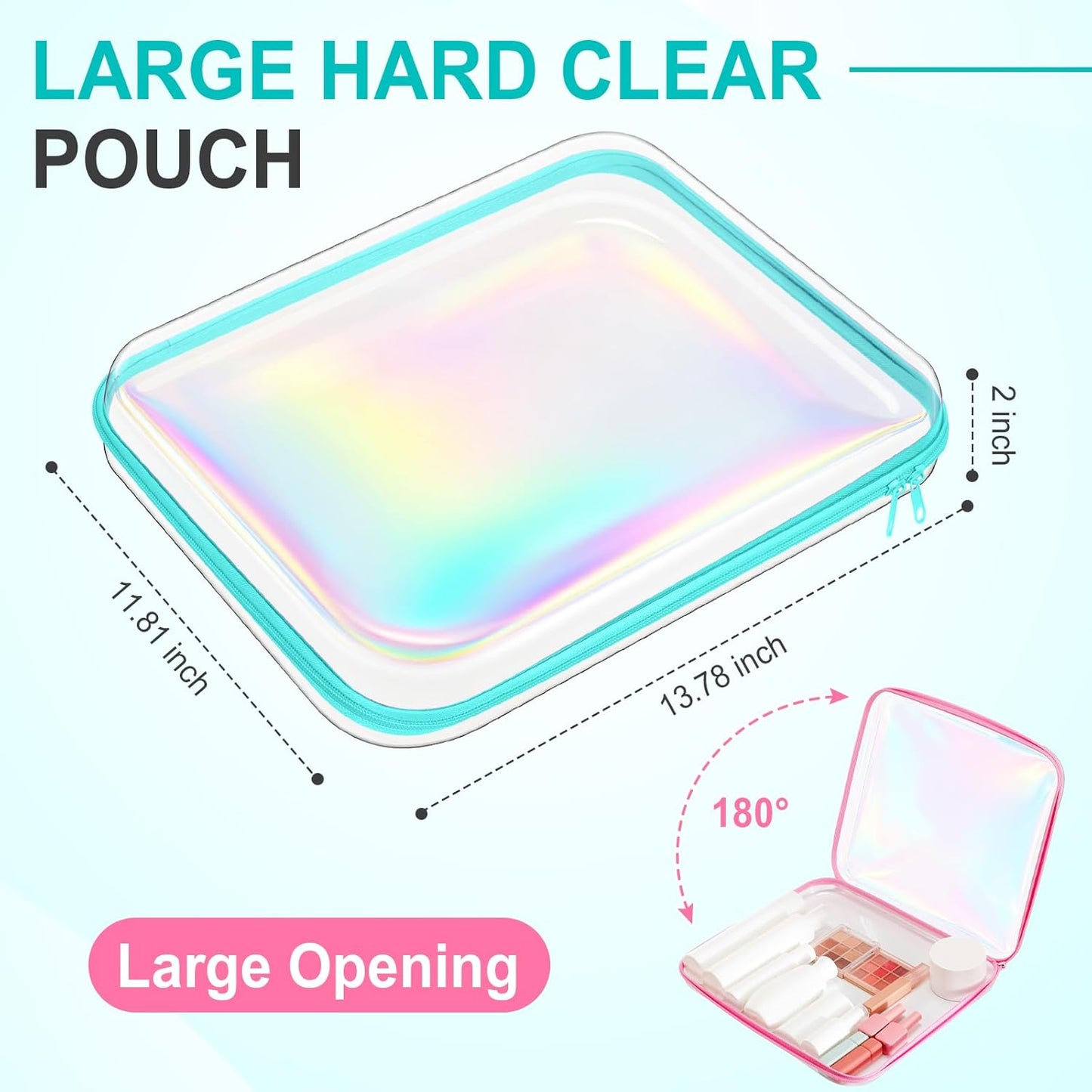 Sanwuta 6 Pcs Clear Hard Zipper Case Pencil Pouches Hard Plastic Zipper Pouches Makeup Bag Transparent Cases for Snacks Plastic Storage Organizer Box for Travel(Holographic,13.78 x 11.81 x 2 Inch)-FemmiqueWomen