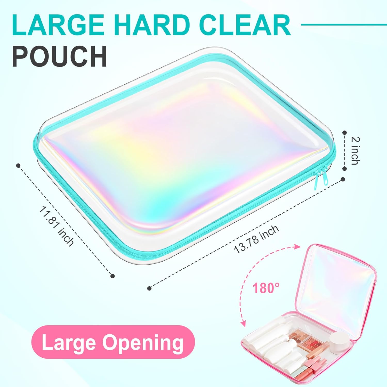 Sanwuta 6 Pcs Clear Hard Zipper Case Pencil Pouches Hard Plastic Zipper Pouches Makeup Bag Transparent Cases for Snacks Plastic Storage Organizer Box for Travel(Holographic,13.78 x 11.81 x 2 Inch)-FemmiqueWomen