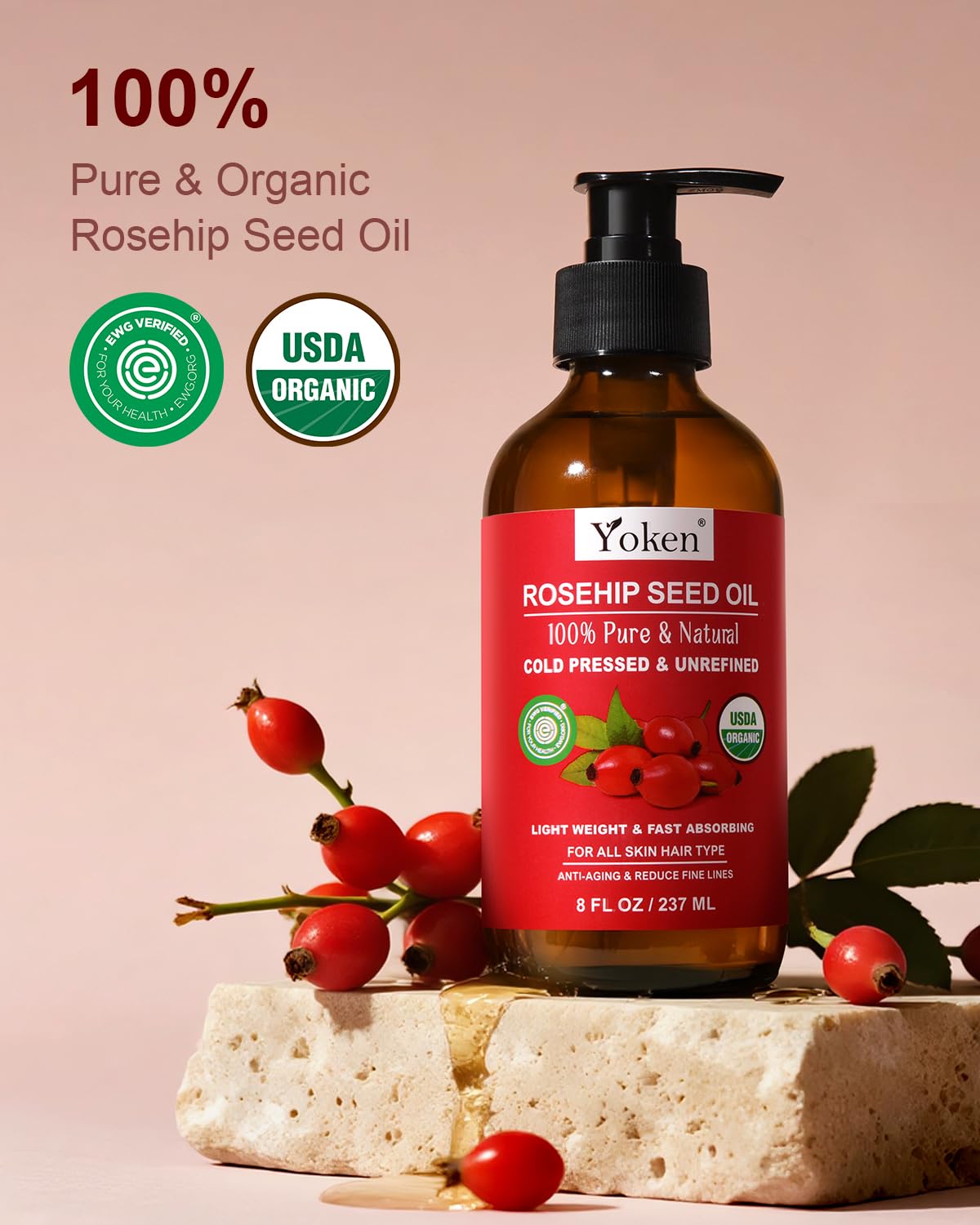 Yoken Rosehip Seed Oil Organic, USDA Certified 100% Pure Rosehip Oils for Face, Hair & Body, 8 fl oz Cold Pressed Rose Hip oil for Skin Moisturizing, Scar Fading, Gua Sha, Massage, Carrier Oil DIY-FemmiqueWomen