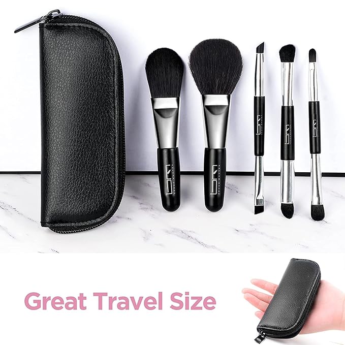 Travel Makeup Brushes Set w/Pouch, 5PCS Double Ended Portable Mini Cosmetic Brushes Kit for Foundation, Eyeshadow, Lip, Blush Make Up Brushes Professional(Black)-FemmiqueWomen