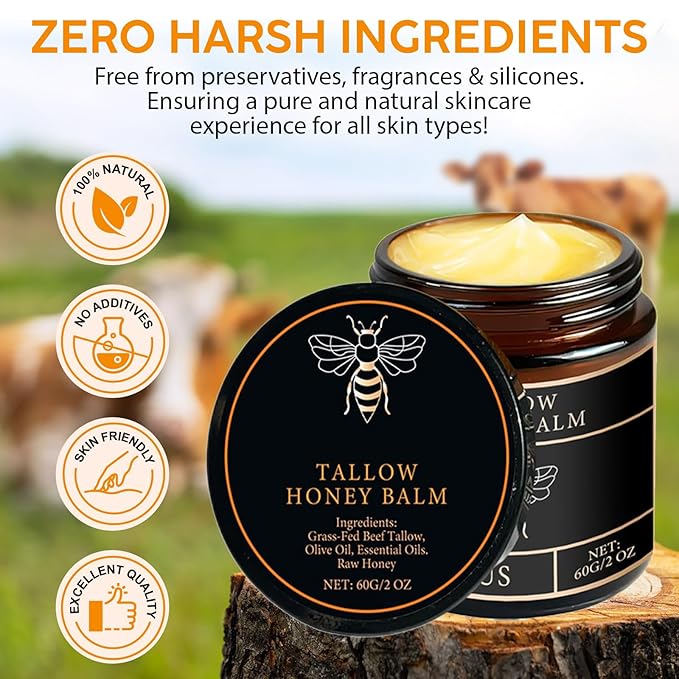 Tallow Honey Balm for Face Organic，Crema Cebo De Res Original，Handmade Tallow and Honey Balm for Face,Body，Sebo De Res Para La Cara，Based Supplies Tallow and Ho ney Bal m for Smooth Skin (2 Bottle)-FemmiqueWomen