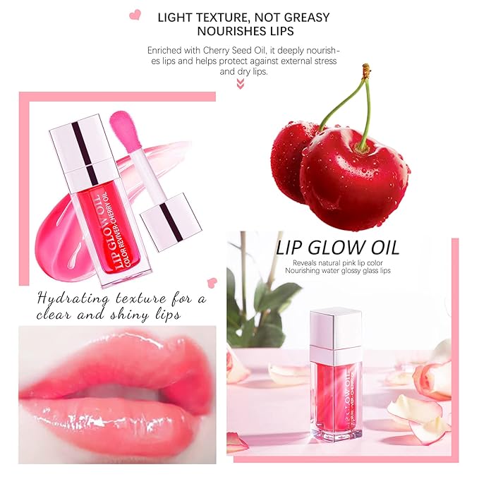 2 Set Lip Oil Hydrating Tinted Lip Balm, Plump Lip Gloss Lip Care Transparent Toot Lip Oil Tinted, Fresh Texture & Non-sticky, Nourishing Repairing Lightening Lip Lines Lip Care Products (Pink / Cherry)-FemmiqueWomen