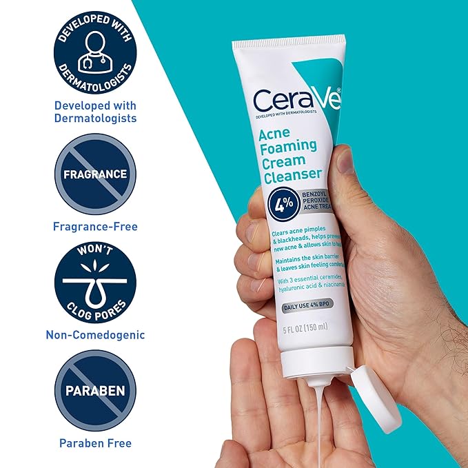 CeraVe Acne Foaming Cream Cleanser, 4% Benzoyl Peroxide Face Wash With Hyaluronic Acid, Niacinamide & Ceramides, Gentle Daily Acne Treatment For Face-FemmiqueWomen