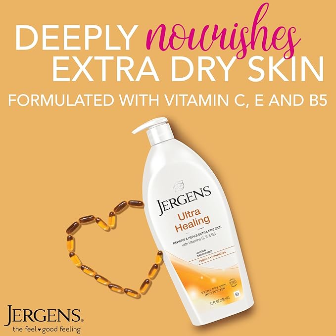Jergens Ultra Healing Dry Skin Lotion, Hand and Body Moisturizer for Quick Absorption into Extra Dry Skin with Hydralucence Blend, Vitamins C, E and B5, White, 32oz-FemmiqueWomen