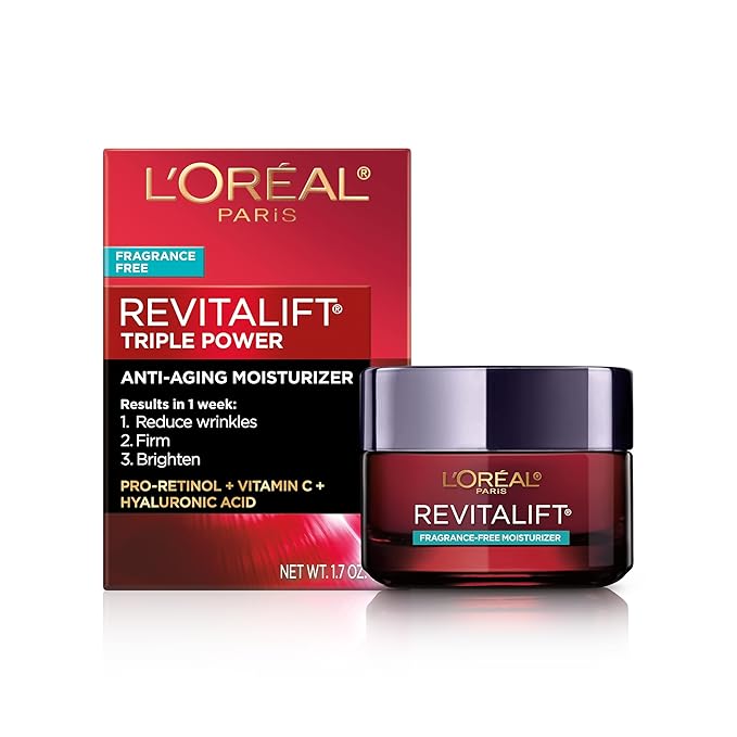 L'Oreal Paris Revitalift Triple Power Anti-Aging Face Moisturizer, Pro Retinol, Hyaluronic Acid & Vitamin C, Reduce Wrinkles, Fragrance Free 1.7 Oz-FemmiqueWomen