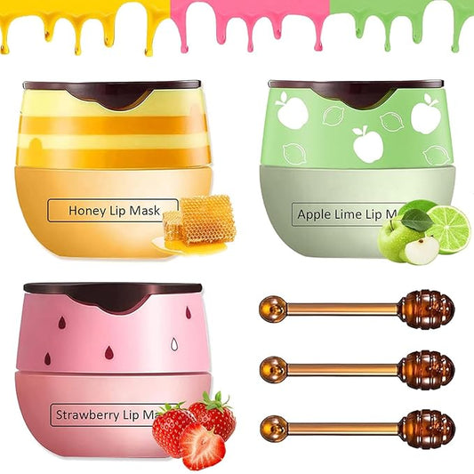 3 PCS Bee Lip Balm Honey Pot, Honey & Strawberry & Apple Lime Lip Balm, Lip Sleeping Mask Hydrating Prevention Dry and Cracked Lip Scrubs Exfoliator Lip Care, Moisturizing Lip Mask Overnight-FemmiqueWomen