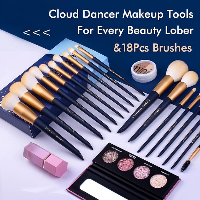 LORYP Makeup Brushes Set Labeled 18 Piece Face and Eye Brush Set Ultra soft hair Foundation, Concealer, Blush, Contour, Blending, Eyeshadow Blue Brush kit-FemmiqueWomen