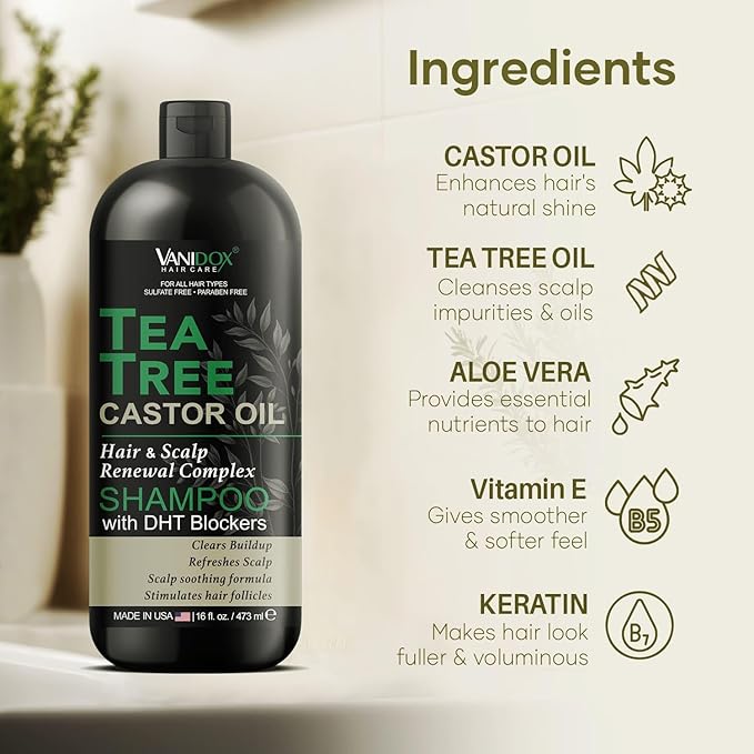 Tea Tree Oil Shampoo with Castor Oil, DHT Blockers, Itchy Scalp Relief, Supports Fuller Hair, Cleanses Dandruff & Buildup, For Men & Women, Made in USA, 16 fl oz-FemmiqueWomen