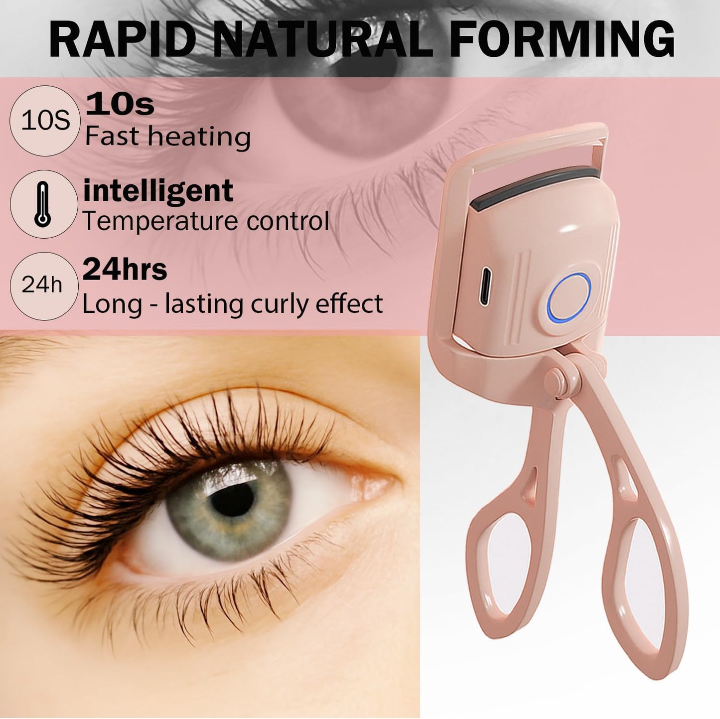 Heated Eyelash Curler, Rechargeable Electric Eyelash Curler, 3-Level Temperature Control, 24 Hour Long Lasting Curl, Suitable for All Beauty Enthusiasts-FemmiqueWomen