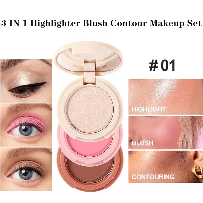 3-in-1 Blendable Trio, Contour and Highlight Blush Makeup Palette, Cream Bronzer, Silky Smooth Powder Blush, Shimmer Highlighter Makeup Powder, Pink Brown Eyeshadow Palette with Mirror(01)-FemmiqueWomen