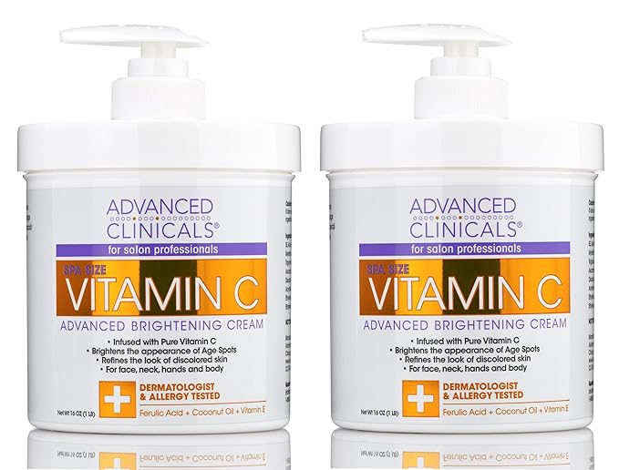 Advanced Clinicals Vitamin C Face & Body Cream Moisturizing Skin Care Lotion, Anti Aging Vitamin C Skincare Moisturizer For Body, Face, Age Spots, Wrinkles, & Sun Damaged Skin, Large 16oz (2-Pack)-FemmiqueWomen