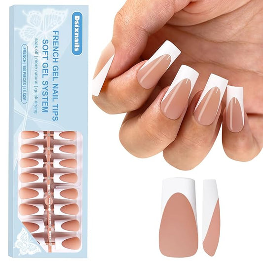 Long French Tip Press on Nails, 150pcs Square Deep Brown French Gel Nail Tips 15Sizes, Pre-lasting Soak Off Acrylic Fake Nails, No Need to File False Nail Tips Extension for Women Nails