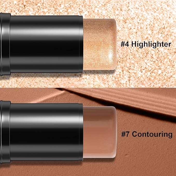 2Pcs Cream Contour Stick Makeup Kit, Cream Highlighter Stick and Bronzer Contour Stick with Longwear Waterproof Formula for Brightening and Trimming the Cheeks, Makeup Brush Include (#04, 07)-FemmiqueWomen