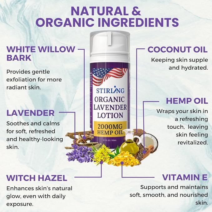 STIRLING Lavender Lotion – Organic Lavender with 2000mg Hemp Oil, Aloe Vera, and Vitamin E – Nourishing and Moisturizing Body Lotion for a Soft and Smooth Feel-FemmiqueWomen