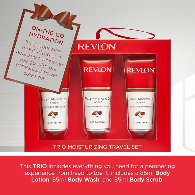 REVLON Get Carried Away Trio Moisturizing Travel Set, Shea Butter and Almond Oil Infused, Moisturizing Body Wash, Body Lotion, Exfoliating Body Scrub, 3 Count (2.88 fl oz)-FemmiqueWomen
