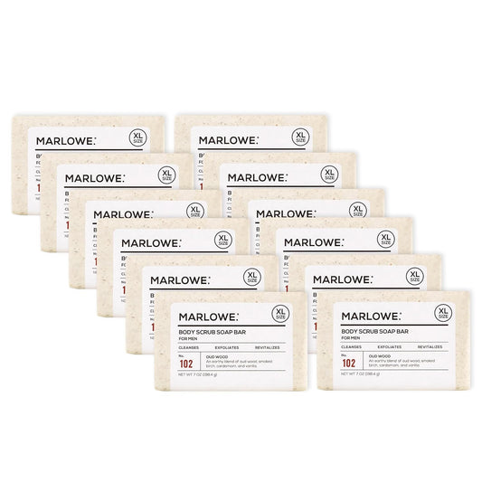 MARLOWE. No. 102 Body Scrub Soap 7 oz (12 Bars), Oud Wood, Exfoliating Soap Bar with Shea Butter, Olive Oil & Green Tea Extracts, Cleanses, Smooths & Revitalizes Skin, Earthy & Smoky Scent-FemmiqueWomen