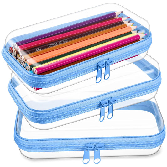 Hoolerry 3 Pcs Clear Hard Zipper Case Plastic Pouch Transparent Hard Case Clear Makeup Bag Portable Travel Organizer Bin for Cosmetics, Building Blocks, Puzzles(Blue,S)-FemmiqueWomen