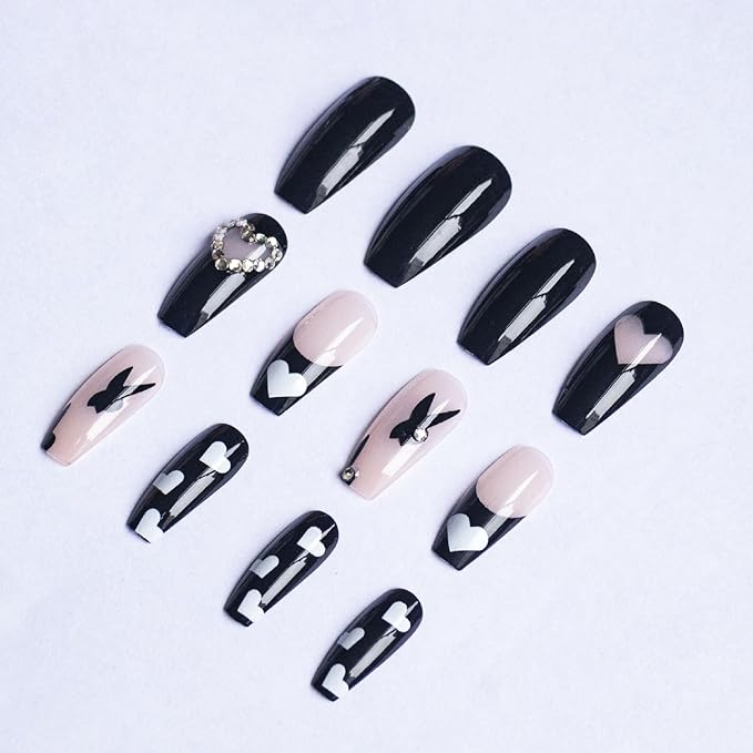 Long Heart Press on Nails Square Coffin Fake Nails with Love Diamond Glitter Design - Black French Tip Press on Nails Long Heart False Nails Artificial Nail for Women Girls Decorations 24pcs