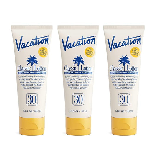 Vacation Classic Sunscreen Lotion SPF 30, Water-Resistant, Lightweight, Transparent on All Skin Tones, Dermatologist-Tested, Vegan, Travel Size, 3.4 Fl. Oz. (Value Pack of 3)-FemmiqueWomen