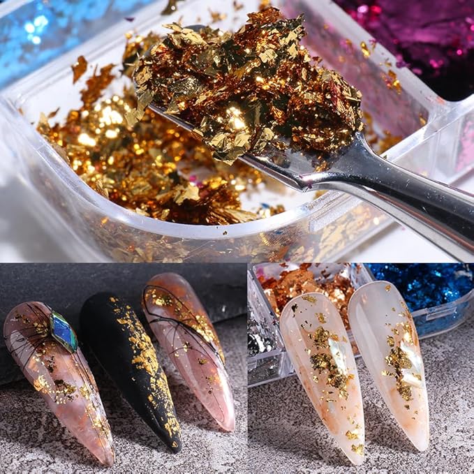 24Grid Aurora Opal Iridescent Nails Mermaid Flake Powder,Holographic Metal Color Gold Silver Confetti Nail Art Foil Paillettes,Irregular Glitter Sparkly Sequin Design for Manicure Decoration-FemmiqueWomen