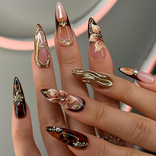 Long Almond Press on Nails Stiletto Fake Nails Relief Flower and Goldn Lines Press ons Handmade Nails Brown False Nails Pearls Rhinestones Acrylic Nails for Women Nail Art Decor 24 Pcs