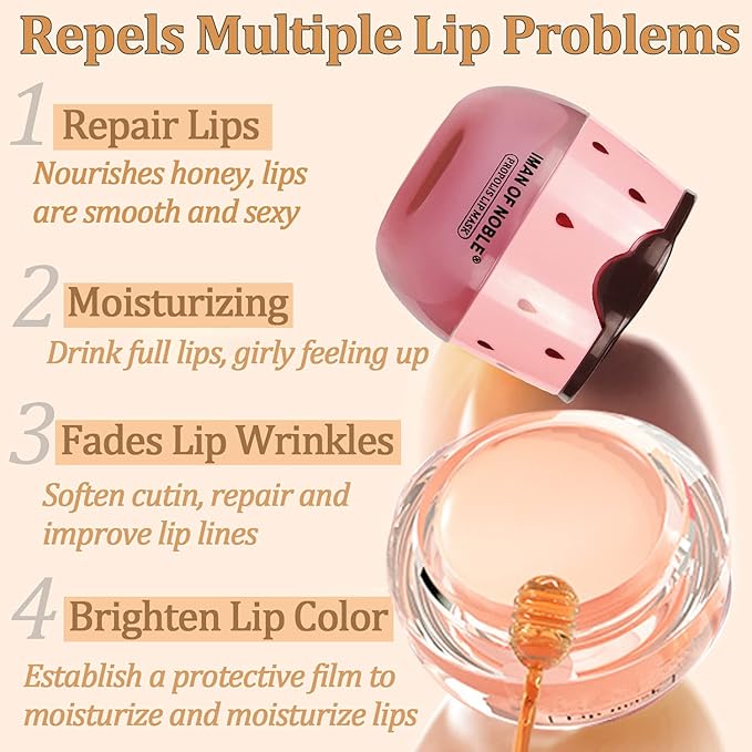 2PCS Strawberry Sleeping Lip Mask,Bee Lip Balm Lip Mask Honey Pot Propolis Moisturizing Lip Balm with Stick,Plumping Lip Hydrating Prevention Dry & Cracked Lip Scrubs Exfoliato Lip Wrinkle Care-FemmiqueWomen