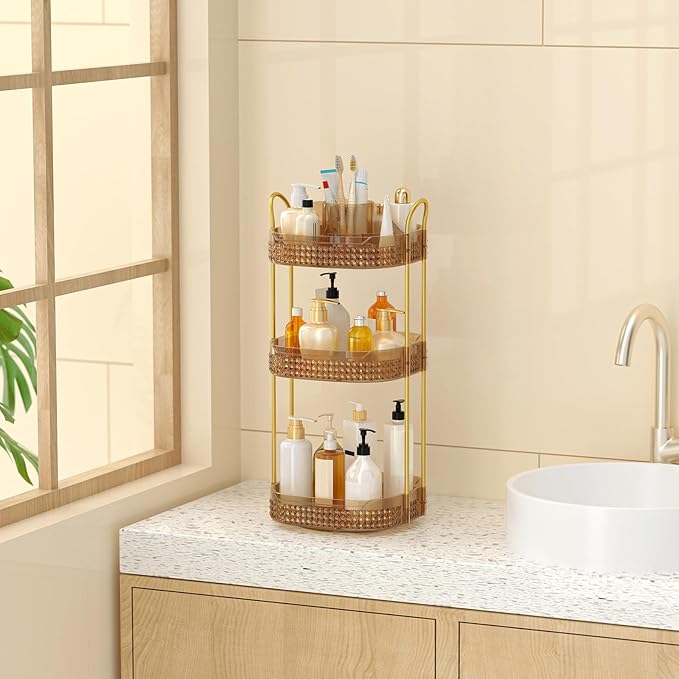 Rotating Makeup Organizer for Vanity 3 Tier, Perfume Organizer with Makeup Brush Holder, Large Capacity Cosmetics Clear Skincare Organizer for Countertop (Pink)-FemmiqueWomen