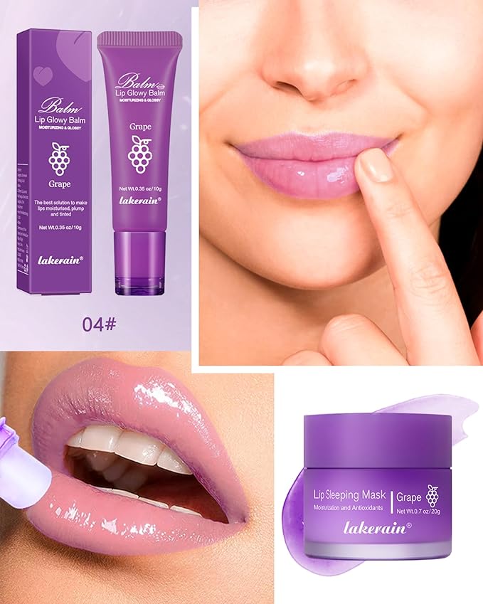2Pcs Lip Glowy Balm & Lip Sleeping Mask Set,Hydrating Nourishing Repair Sleeping Lip Mask,Glossy Tinted Lip Balm,Day & Night Smooth Cracked Chapped Dry Lip,Lip Care Therapy Treatment for Women-04Grape-FemmiqueWomen