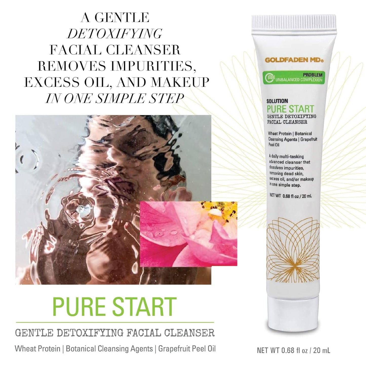 GOLDFADEN MD Pure Start Gentle Detoxifying Natural Facial Cleanser Grapefruit Peel Oil, Organic Red Tea Extract, Seaweed Extract, Rose Hip Seed Oil TRIAL .67 Fl Oz-FemmiqueWomen