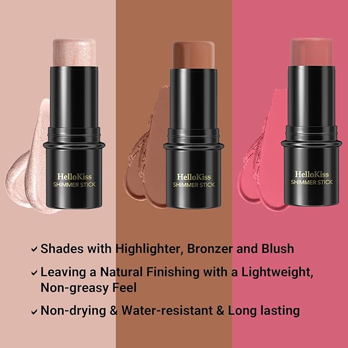 3Pcs Cream Contour Stick, with Highlighter Stick Bronzer Stick Blush Stick, Face Contour Stick Highlighter Makeup with Makeup Brush and Sponge for Sculpt the Cheeks, Long Lasting, Waterproof-FemmiqueWomen