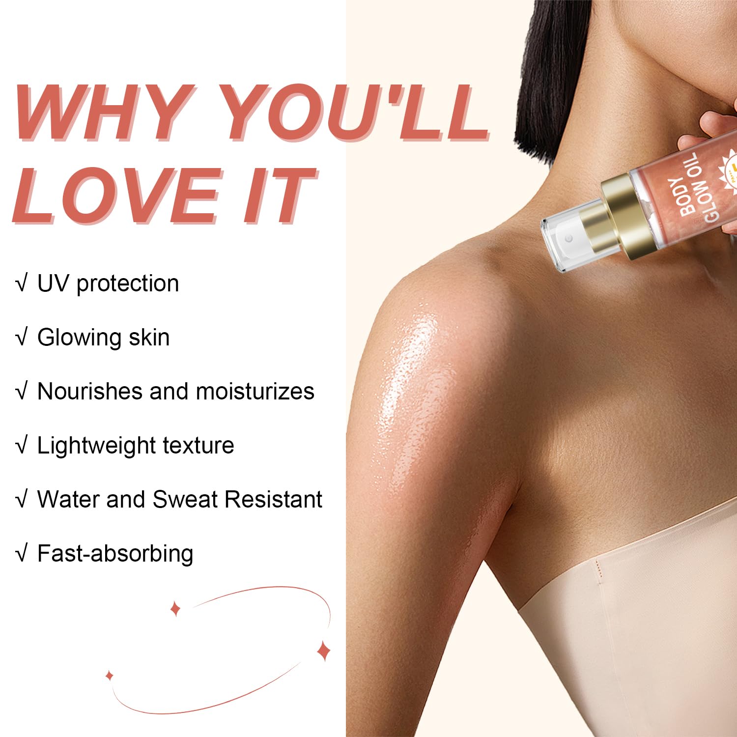 Body Glow Oil, Sunscreen Shimmer Oil, SPF 45 Broad Spectrum, Body Oil with with Coconut Oils, Moisturizing Glow for Face & Body, Liquid Illuminator Highlighter, Water Resistant, 3.72 fl oz (#02 ROSE)-FemmiqueWomen