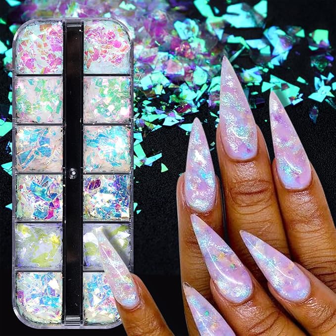 12 Colors Holographic Nail Art Glitter Sequins Aurora Holographic Mermaid Nail Glitter Flash Ice Residue Nail Glitter Sequin Chameleon Flakes Set Fluorescent Glass Paper for Face Body DIY Decoration-FemmiqueWomen