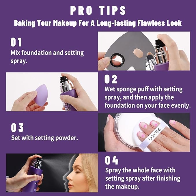 UCANBEMAKUP Long Lasting Makeup Setting Spray Kit- 6.76 Fl oz Hydrating Matte Finish Mist Lightweight Face Make up Fixer +Translucent Loose Setting Powder+2PC Sponge Puff Set-FemmiqueWomen