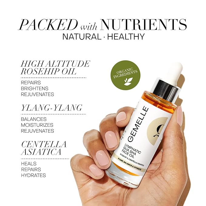 GEMELLE Lymphatic Gua Sha Face Oil | 10x Award Winner | Detox, Plump, Balance, Hydrate | High-Altitude Rosehip, Centella Asiatica & More! | Organic, Natural, Clean Beauty | Starter, Travel 15ml-FemmiqueWomen