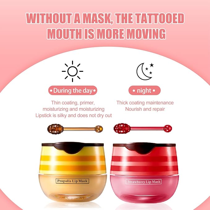 2 Pcs Lip Balm Honey Pot, Honey & Strawberry Moisturizing Lip Mask Reduces Lip Lines and Exfoliator, Prevention Dry & Cracked Lip. (Honey & Strawberry)-FemmiqueWomen