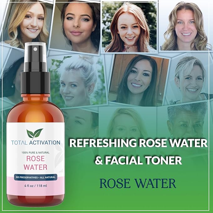 Large 4 oz 100% Pure, Organic Moroccan Rose Water Spray Face Toner, Skin Body Hair Spray, Eye Makeup Remover Alcohol Free Toner Minimizes Scar Hydrating Soothing Mist for Dry Oily Combination Skin-FemmiqueWomen