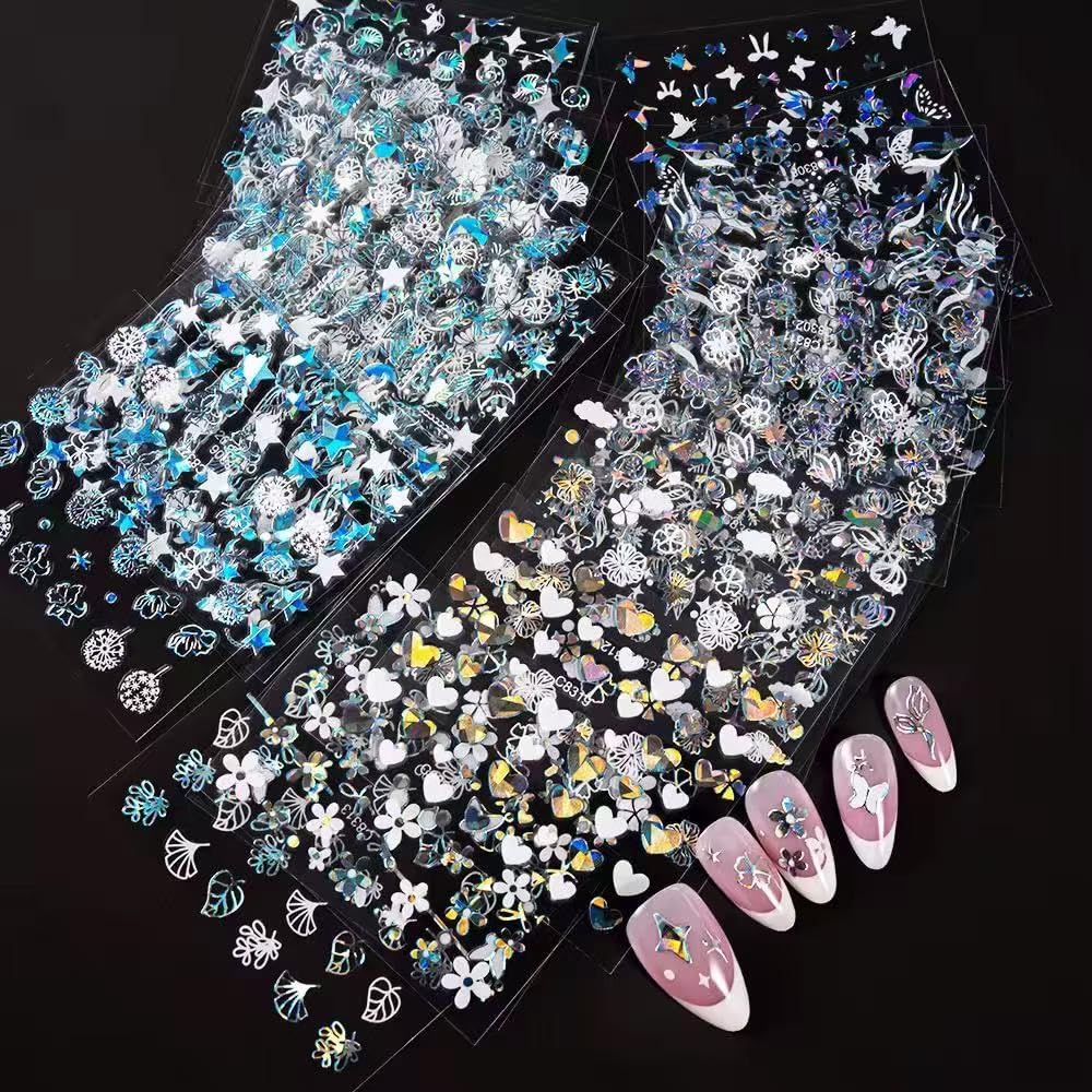 30 Sheets Aurora Flower Nail Art Stickers 3D Self Adhesive Flower Nail Stickers Aurora Moon Star Nail Decals Leaf Heart Nails Art Supplies Charms for Women Manicure Tips Decoration-FemmiqueWomen