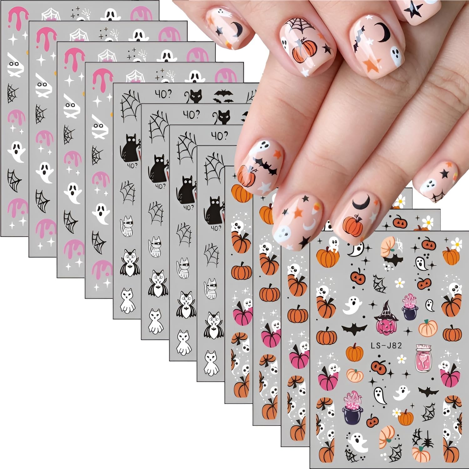 12 Sheets Halloween Nail Stickers for Nail Art 3D Self Adhesive Halloween Nail Decals Cute Ghost Nail Art Stickers Pumpkin Nail Design DIY Manicure Cat Bat Nails Supplies for Women Girls-FemmiqueWomen