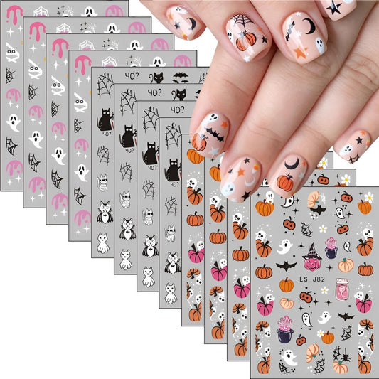 12 Sheets Halloween Nail Stickers for Nail Art 3D Self Adhesive Halloween Nail Decals Cute Ghost Nail Art Stickers Pumpkin Nail Design DIY Manicure Cat Bat Nails Supplies for Women Girls-FemmiqueWomen