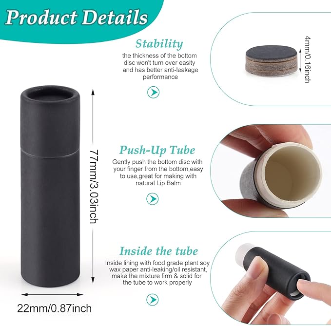 15 Pcs 0.3 oz Paperboard Lip Balm Tubes,Empty Kraft Paper Chapstick Tube Holder,Push-Up Style Biodegradable Solid Perfume Lip Gloss Container for DIY Homemade Balm Container,Natural Packaging- Black-FemmiqueWomen