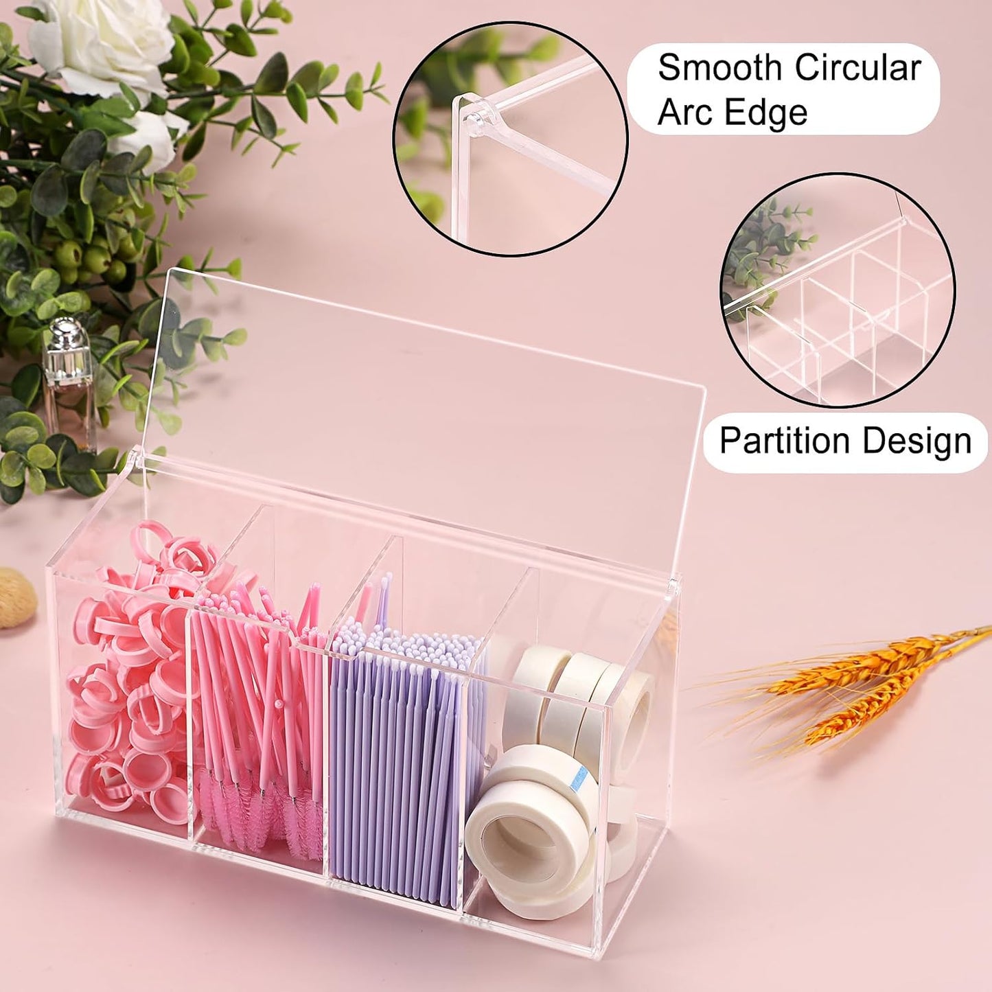 ELLDOO Lash Extension Organizer Box with Lid, Acrylic Eyelash Supplies Organizer Storage Box, 4 Compartments Bathroom Supplies Storage Container for Cotton Swabs, Balls, Pads, Floss Picks-FemmiqueWomen